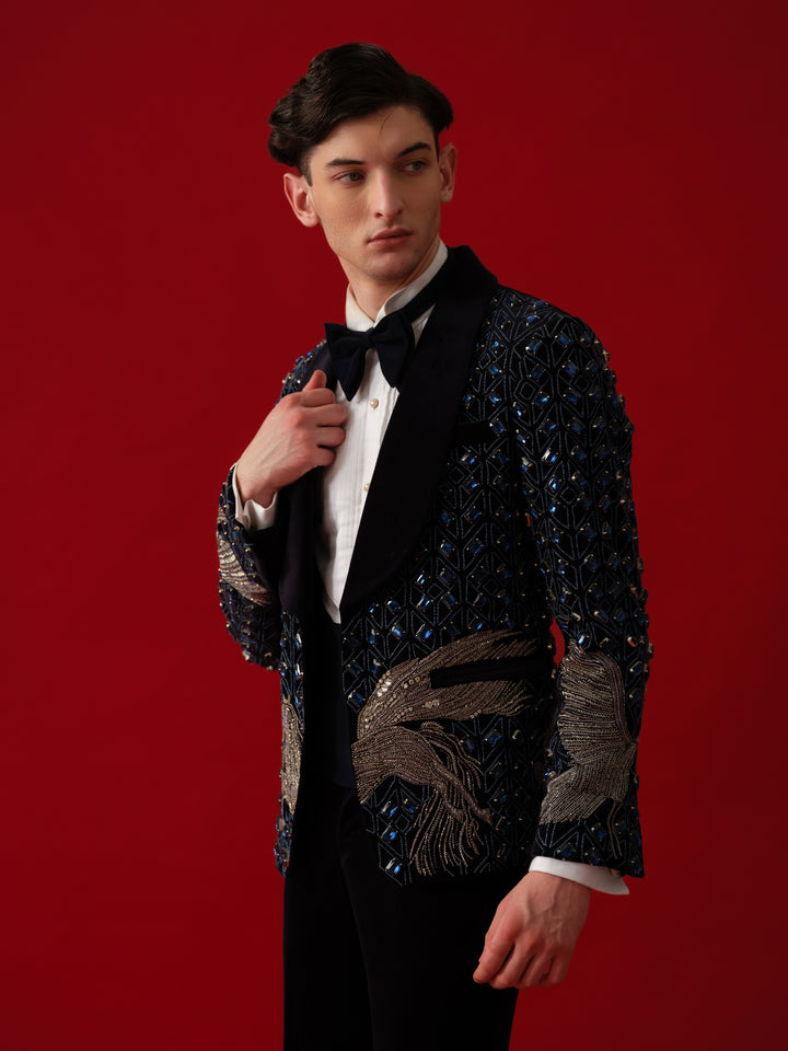 NAVY BLUE EMBROIDERED TUXEDO WITH SHAWL LAPEL
