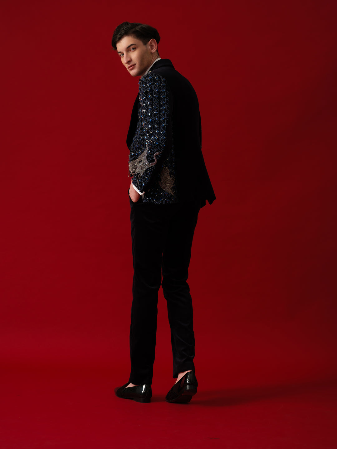 NAVY BLUE EMBROIDERED TUXEDO WITH SHAWL LAPEL