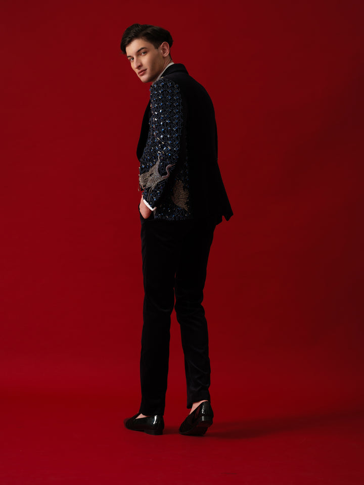 NAVY BLUE EMBROIDERED TUXEDO WITH SHAWL LAPEL