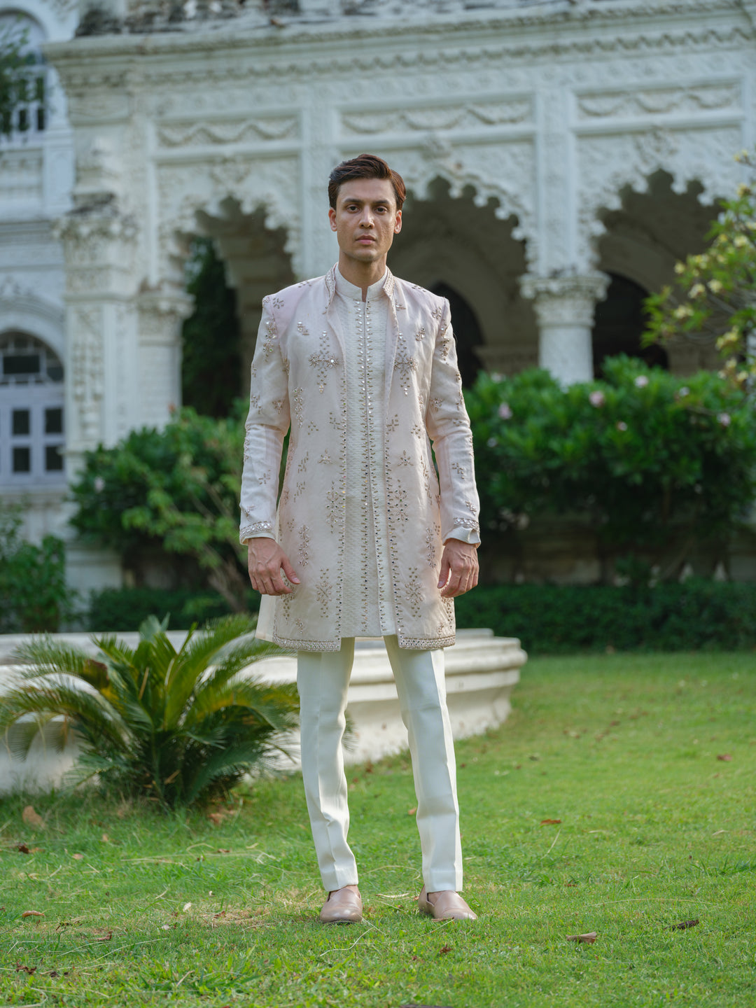 Light Pink Mirror Work Open Jacket Set