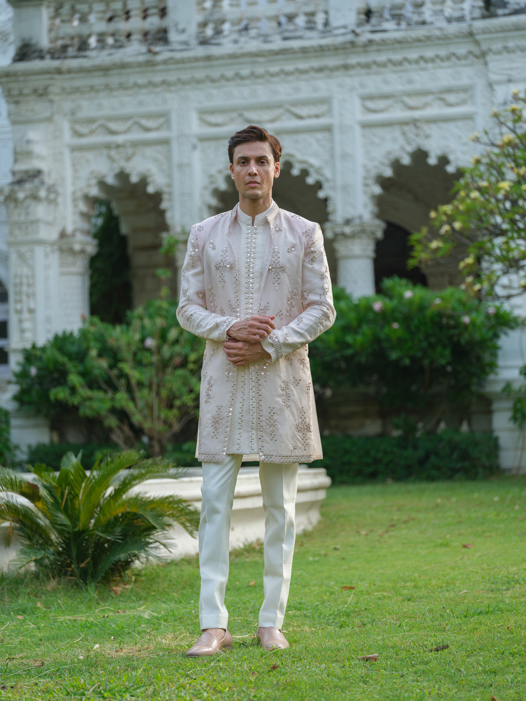 Light Pink Mirror Work Open Jacket Set