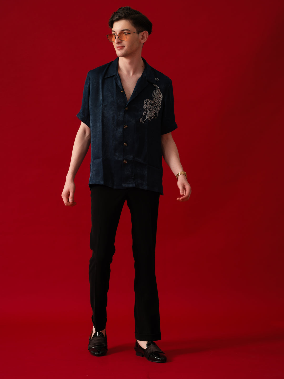 TEAL GREEN TIGER MOTIF BOX FIT SHIRT