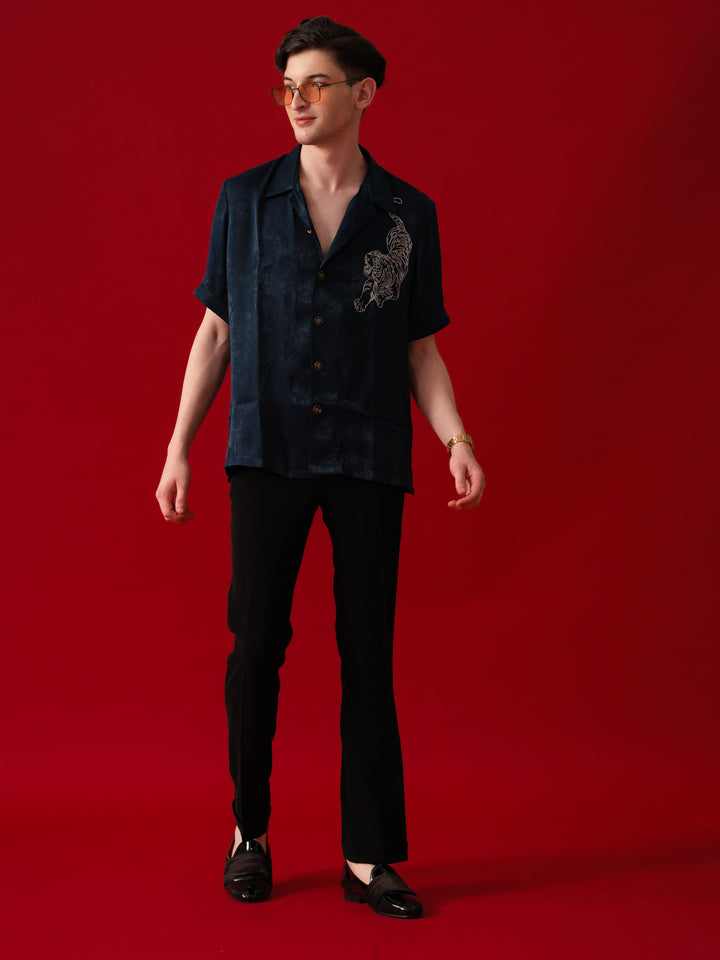 TEAL GREEN TIGER MOTIF BOX FIT SHIRT