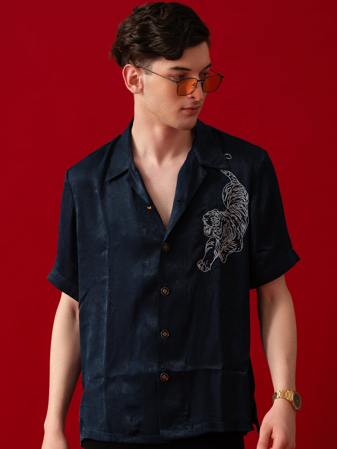 TEAL GREEN TIGER MOTIF BOX FIT SHIRT
