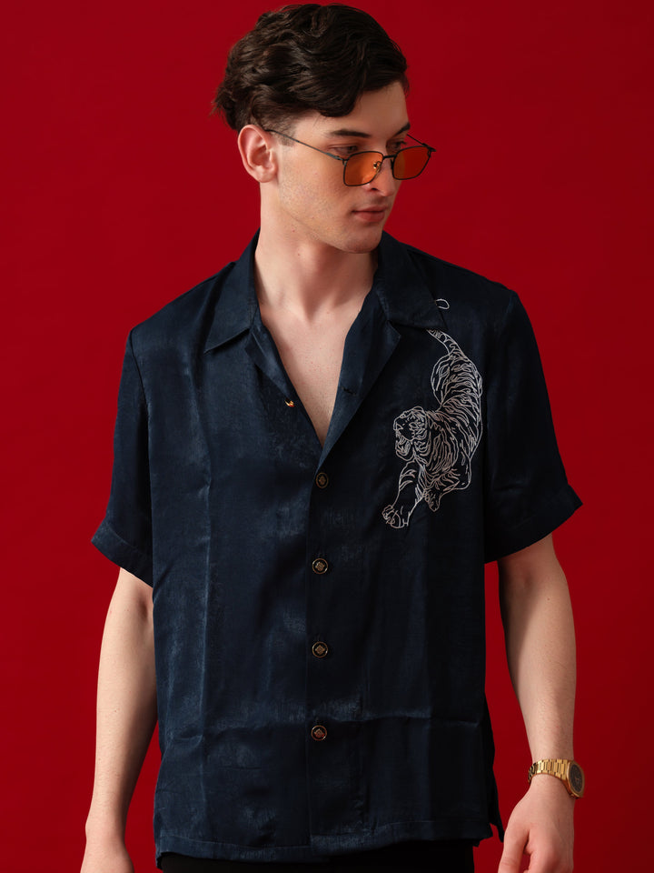 TEAL GREEN TIGER MOTIF BOX FIT SHIRT
