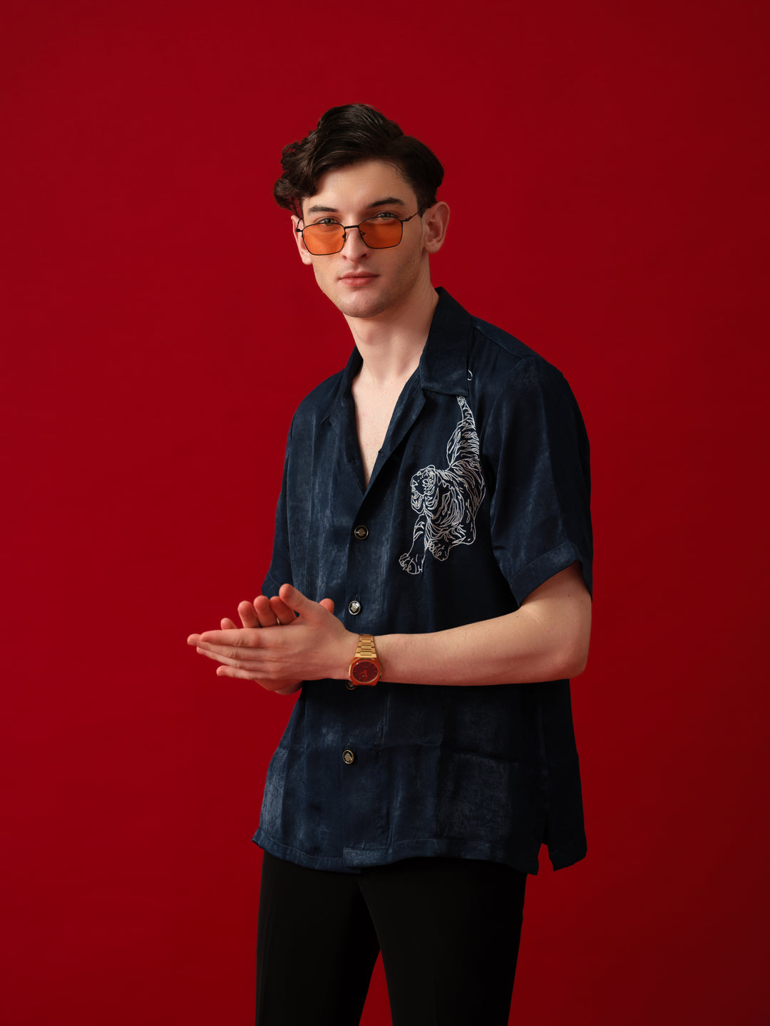 TEAL GREEN TIGER MOTIF BOX FIT SHIRT