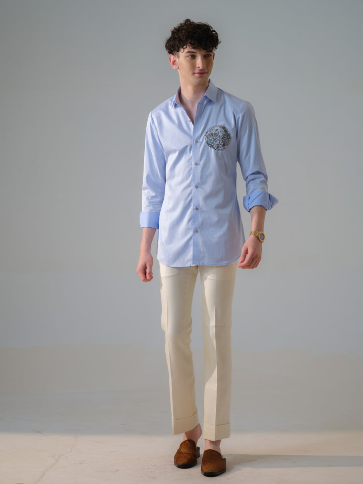 BLUE HAND PAINTED AND EMBROIDED SHIRT