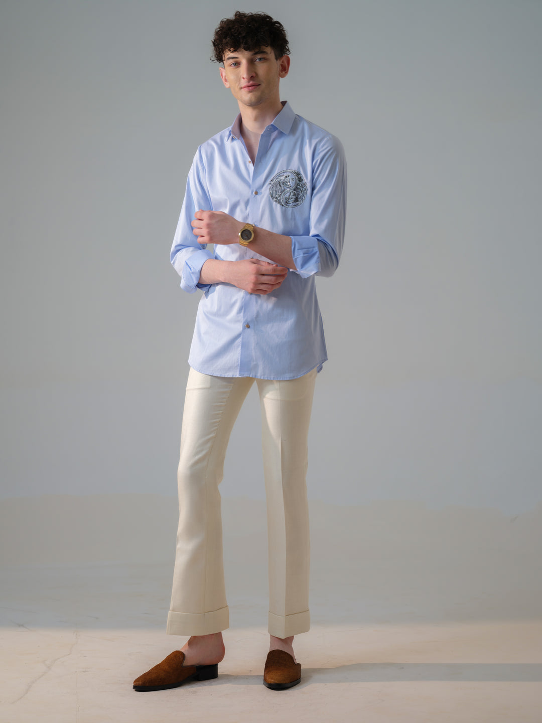 BLUE HAND PAINTED AND EMBROIDED SHIRT