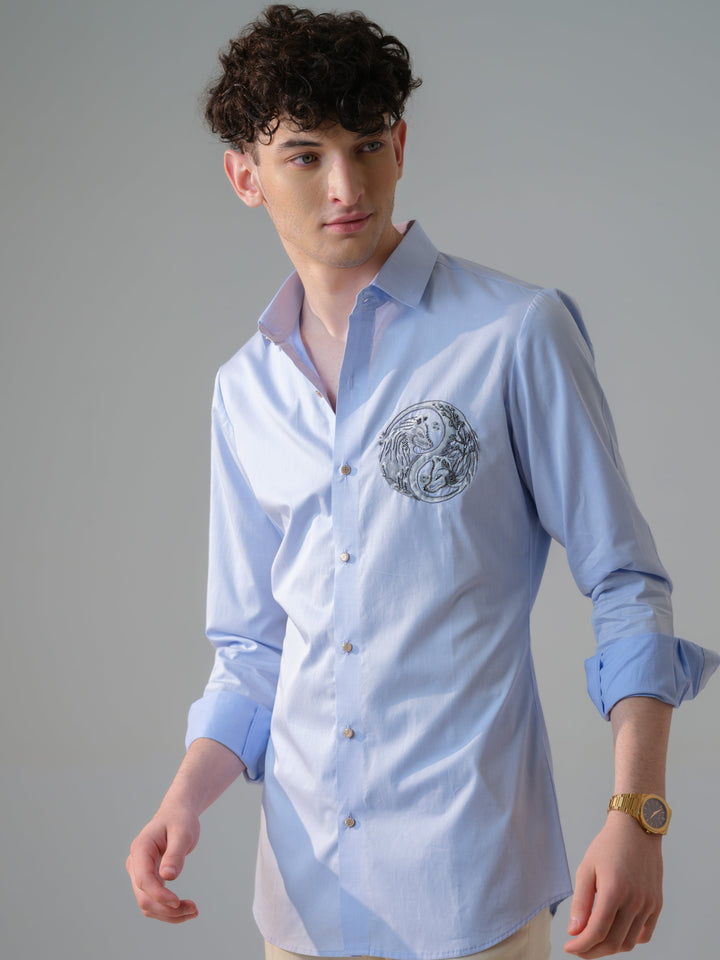 BLUE HAND PAINTED AND EMBROIDED SHIRT