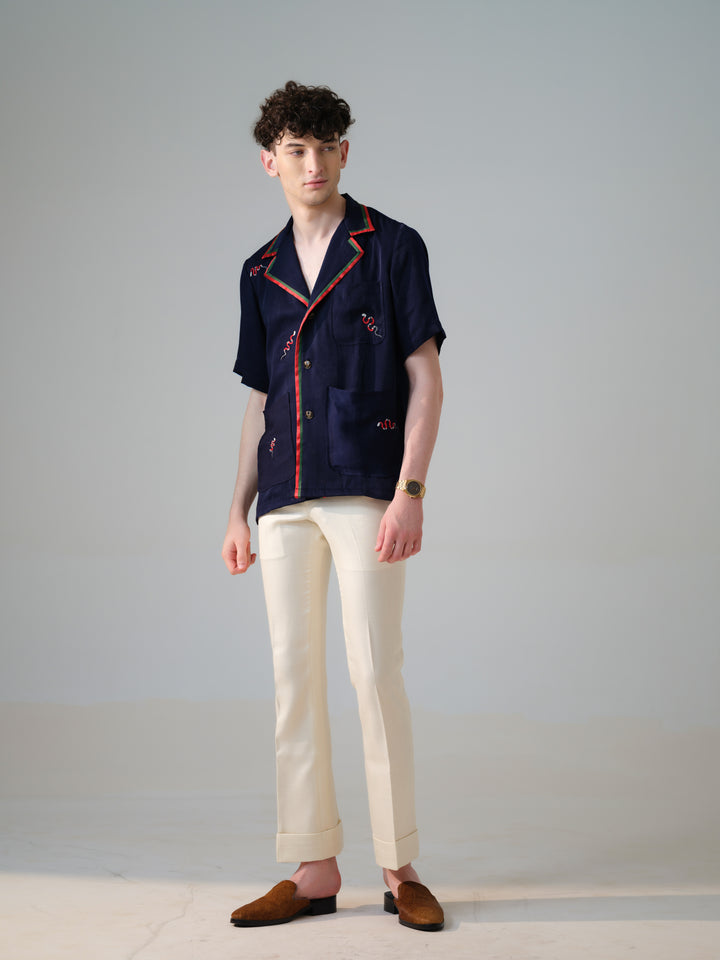 BLUE EMBROIDED BOX FIT SHIRT