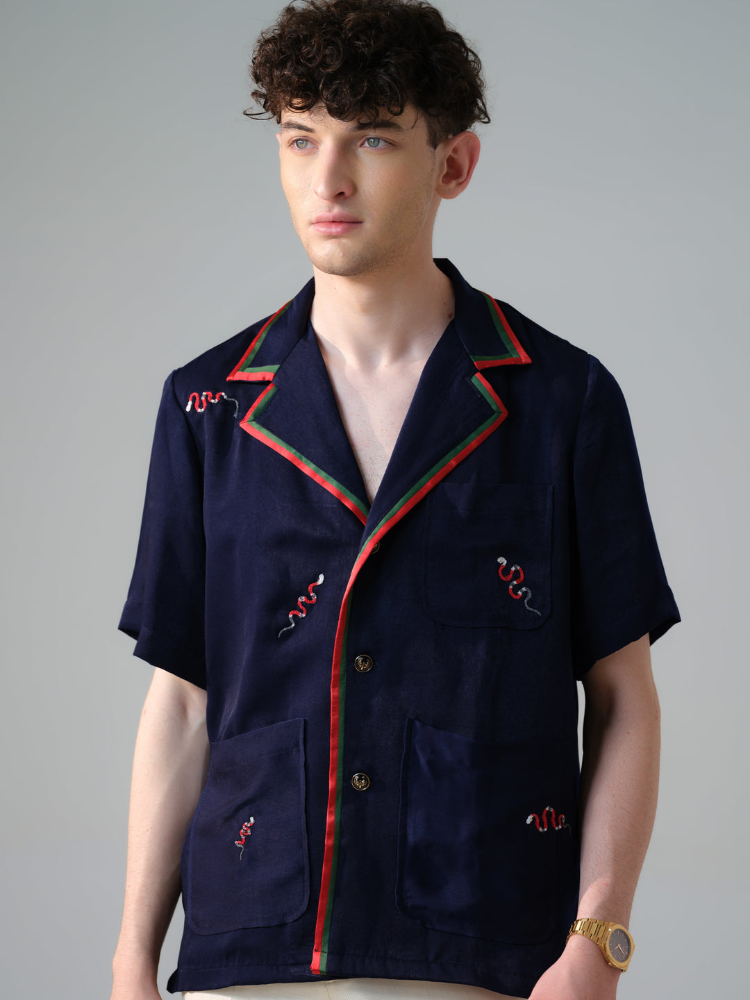 BLUE EMBROIDED BOX FIT SHIRT