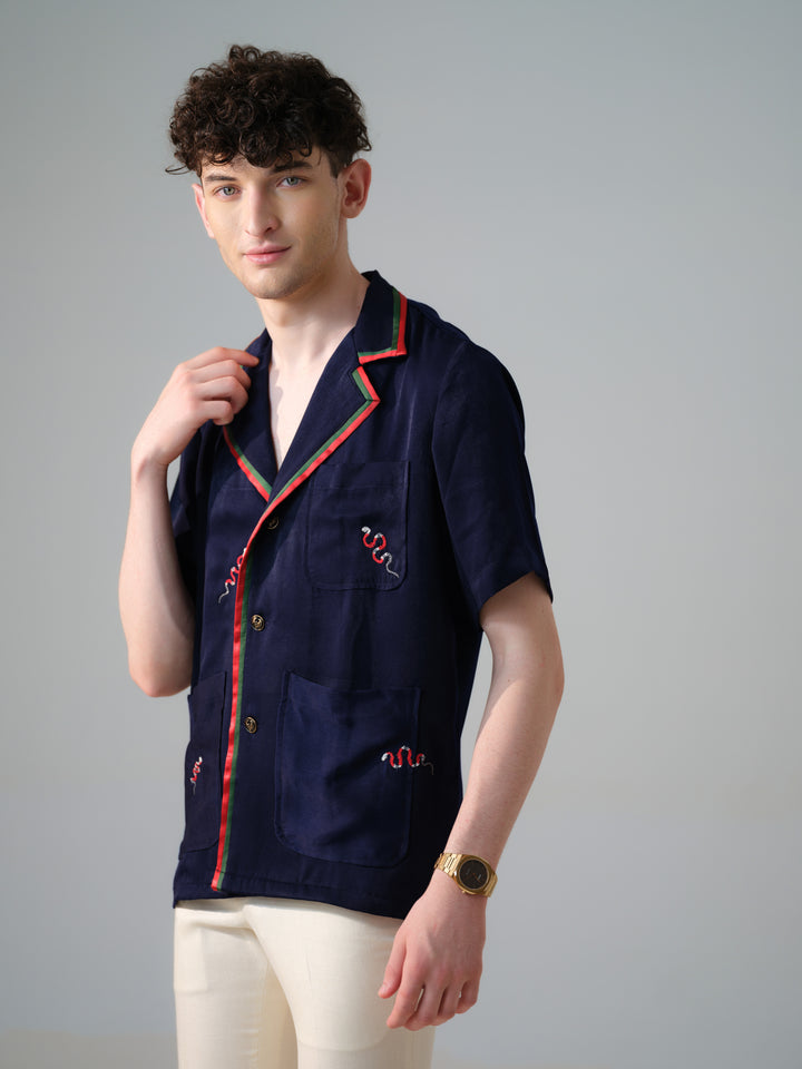 BLUE EMBROIDED BOX FIT SHIRT