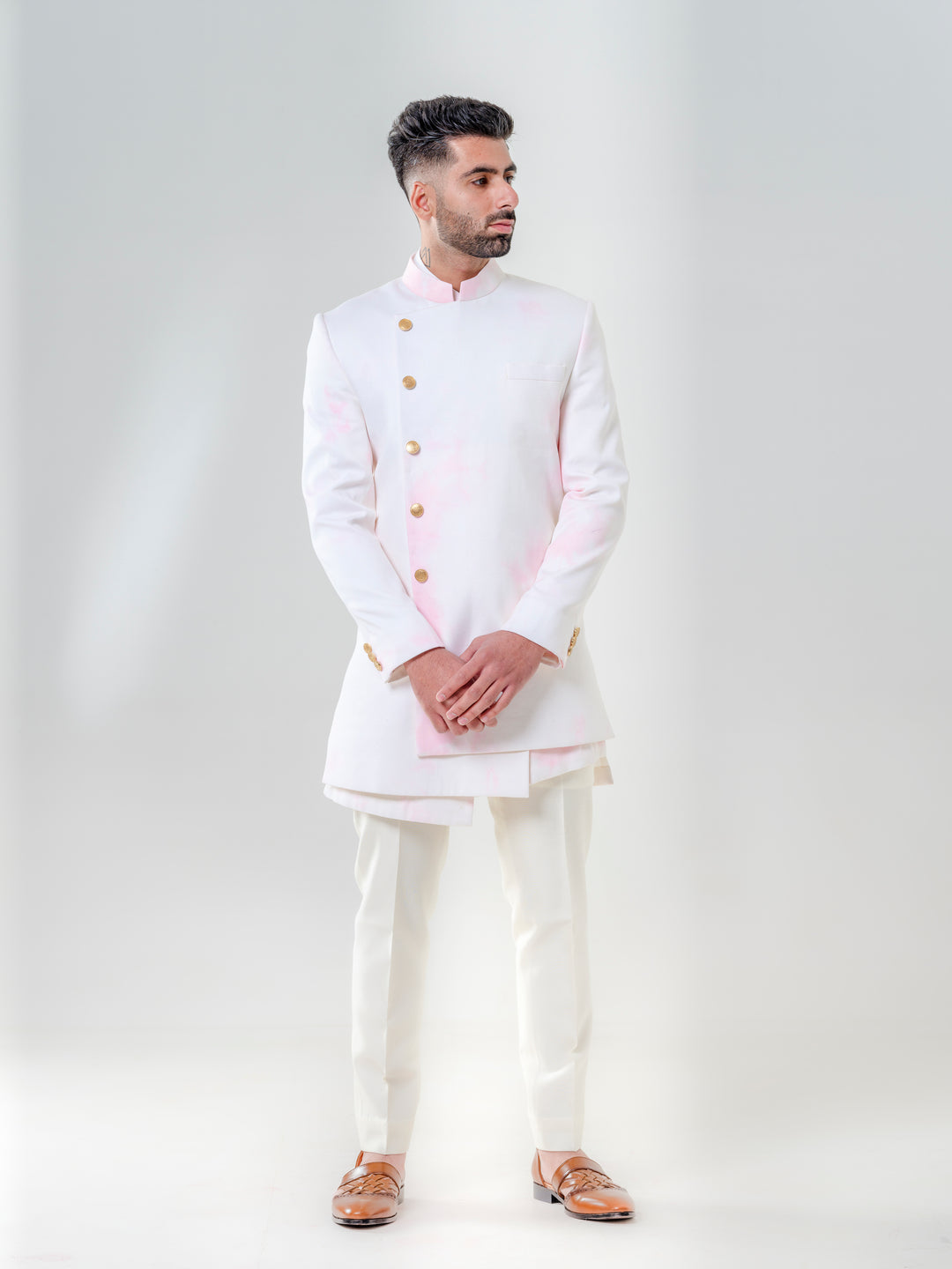 LONG ASYMETRIC JODHPURI PAIRED WITH KURTA AND TROUSERS