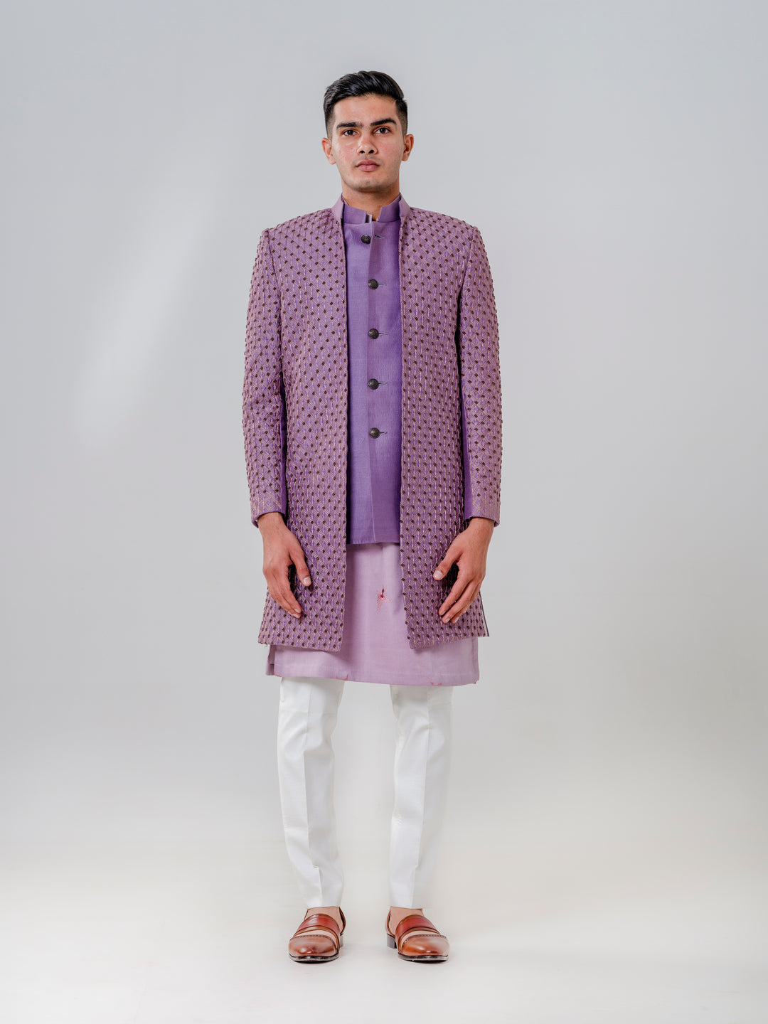 LONG OPEN JACKET ATTACHED NEHRU JACKET PAIRED WITH KURTA AND TROUSERS