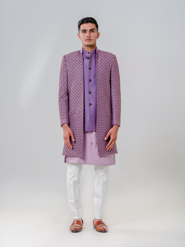 LONG OPEN JACKET ATTACHED NEHRU JACKET PAIRED WITH KURTA AND TROUSERS