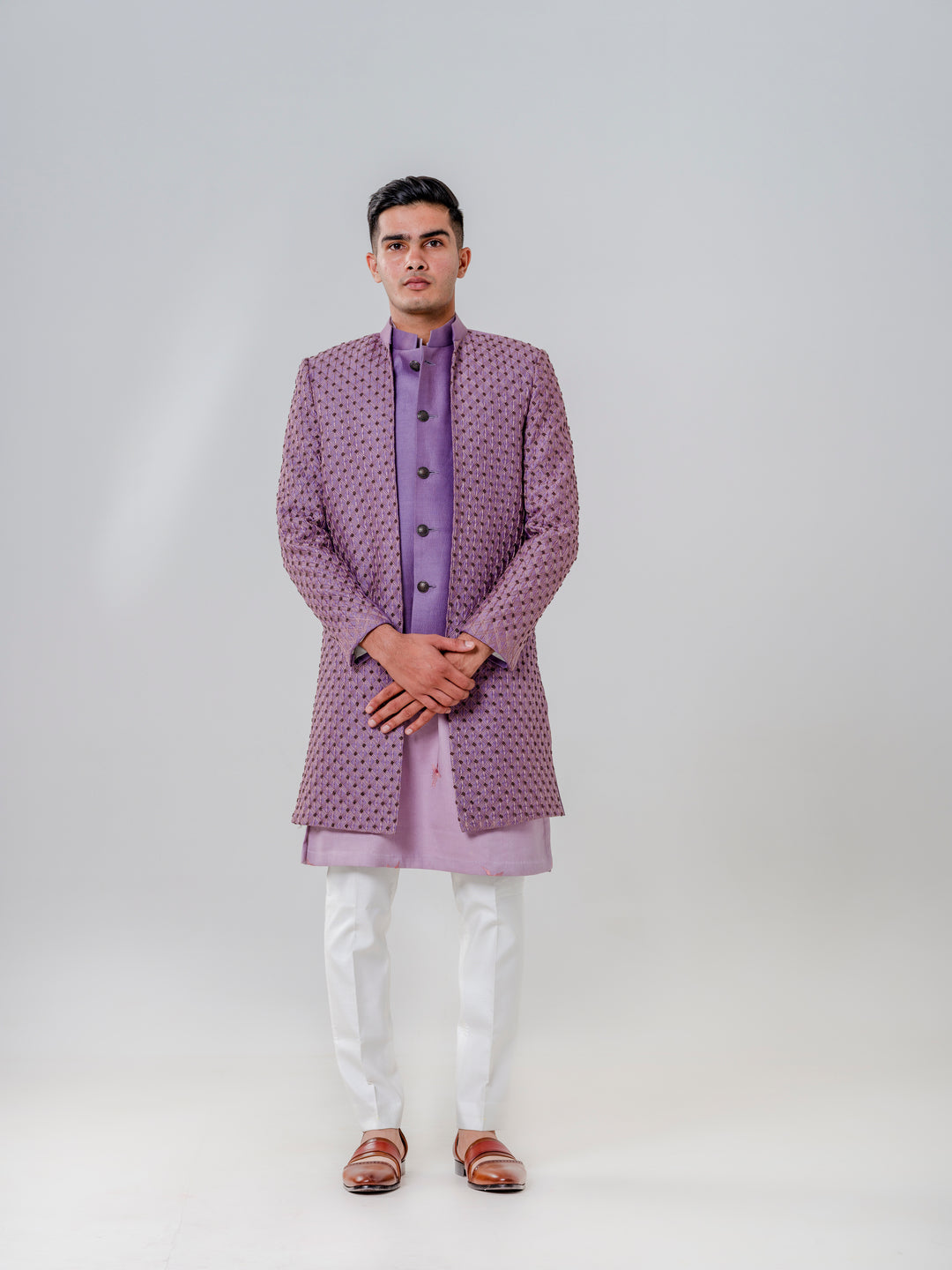 LONG OPEN JACKET ATTACHED NEHRU JACKET PAIRED WITH KURTA AND TROUSERS
