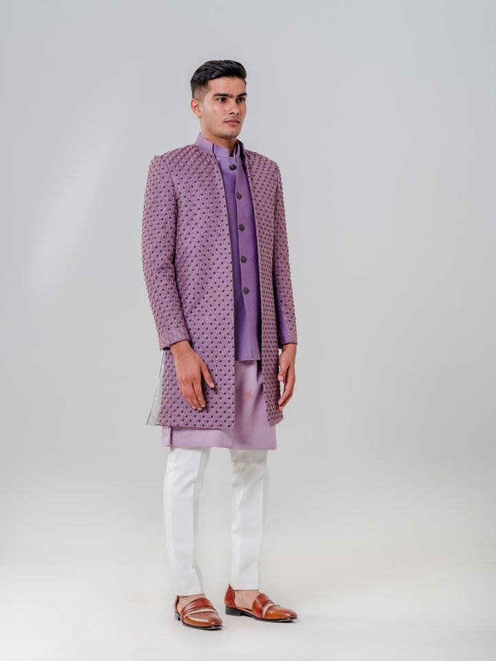 LONG OPEN JACKET ATTACHED NEHRU JACKET PAIRED WITH KURTA AND TROUSERS
