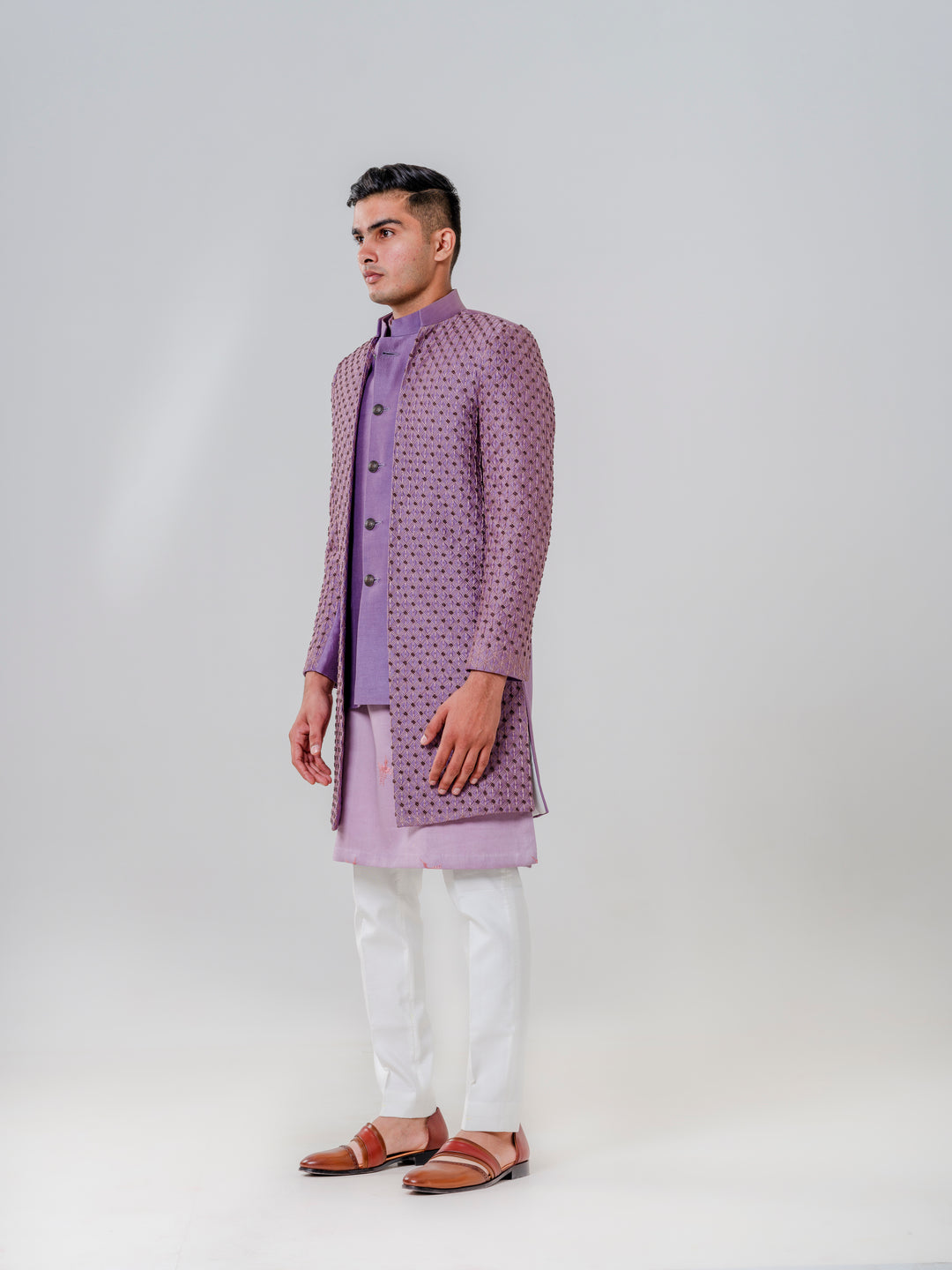 LONG OPEN JACKET ATTACHED NEHRU JACKET PAIRED WITH KURTA AND TROUSERS