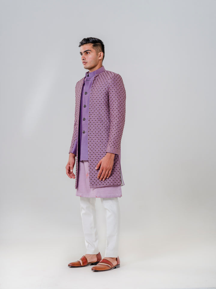 LONG OPEN JACKET ATTACHED NEHRU JACKET PAIRED WITH KURTA AND TROUSERS