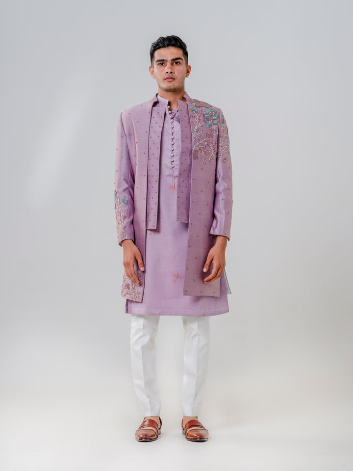 LONG OPEN JACKET ATTACHED PLACKET PAIRED WITH KURTA AND TROUSERS
