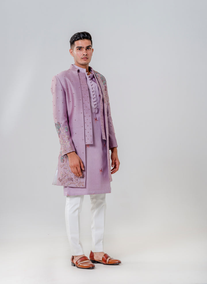 LONG OPEN JACKET ATTACHED PLACKET PAIRED WITH KURTA AND TROUSERS