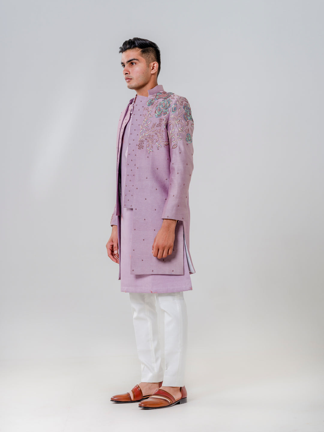 LONG OPEN JACKET ATTACHED PLACKET PAIRED WITH KURTA AND TROUSERS