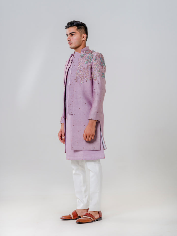 LONG OPEN JACKET ATTACHED PLACKET PAIRED WITH KURTA AND TROUSERS