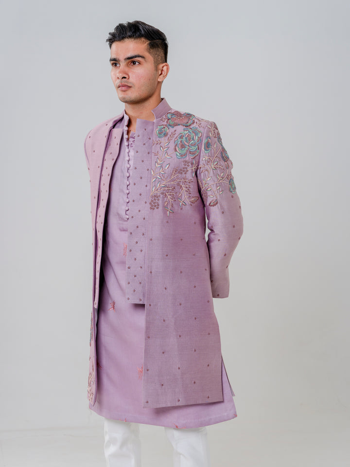 LONG OPEN JACKET ATTACHED PLACKET PAIRED WITH KURTA AND TROUSERS
