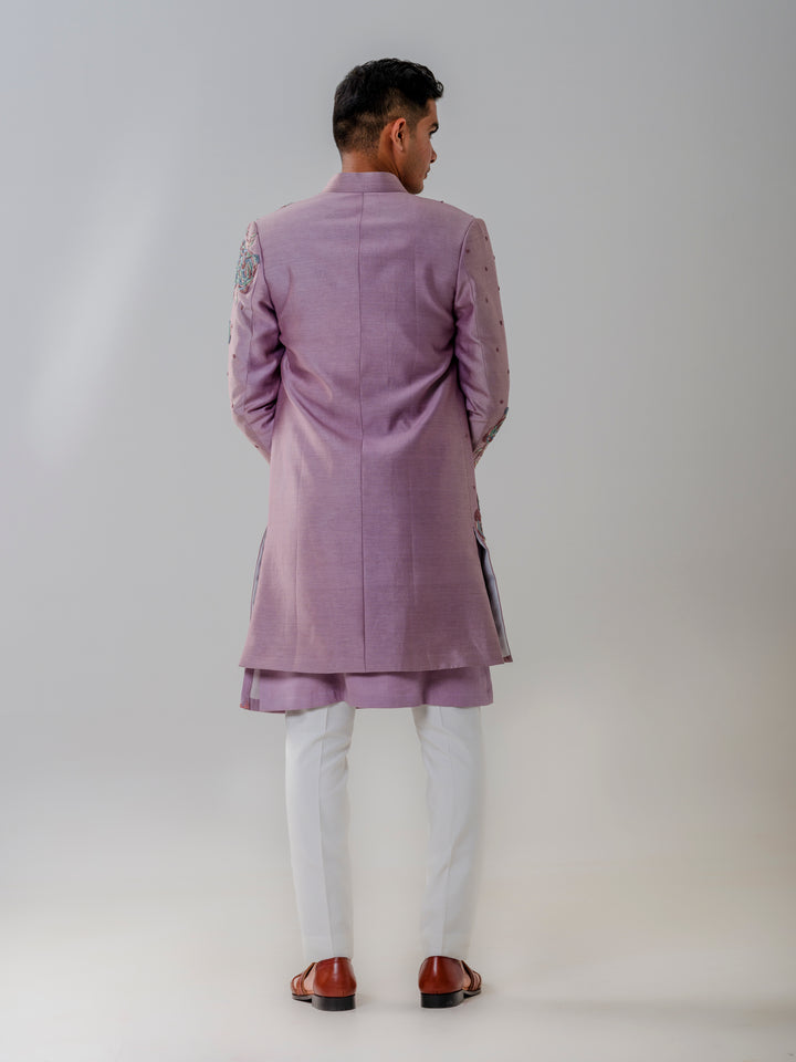 LONG OPEN JACKET ATTACHED PLACKET PAIRED WITH KURTA AND TROUSERS