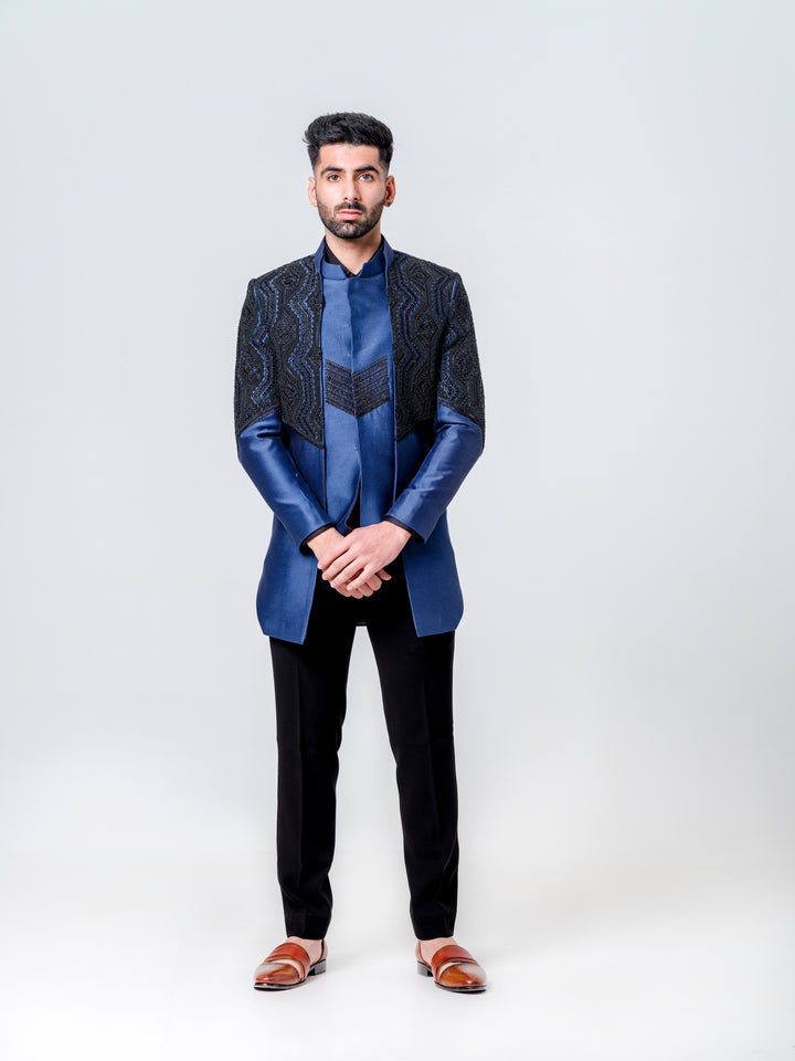 LONG OPEN JACKET ATTACHED NEHRU JACKET PAIRED WITH KURTA AND TROUSERS