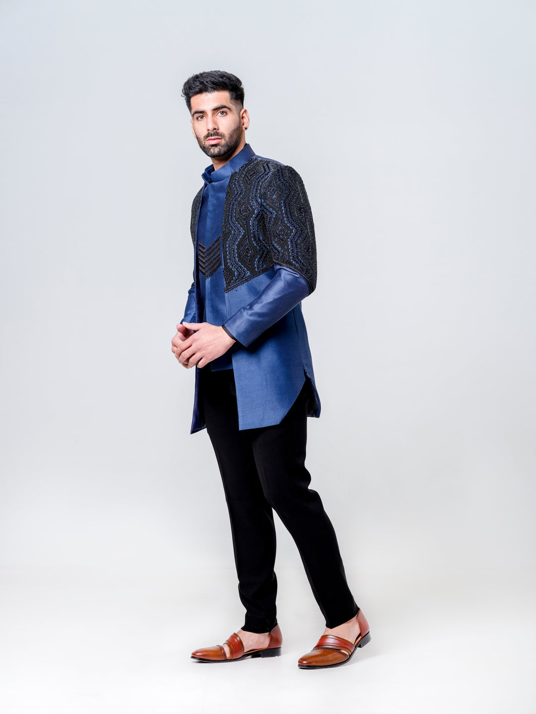 LONG OPEN JACKET ATTACHED NEHRU JACKET PAIRED WITH KURTA AND TROUSERS