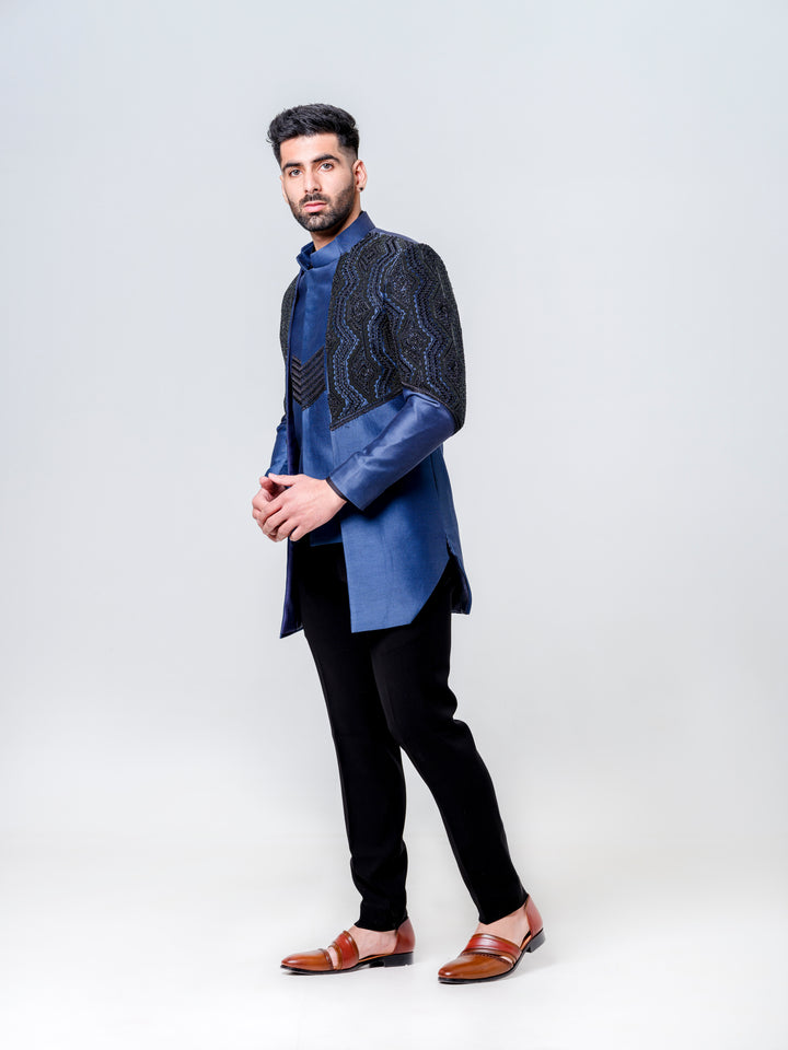 LONG OPEN JACKET ATTACHED NEHRU JACKET PAIRED WITH KURTA AND TROUSERS