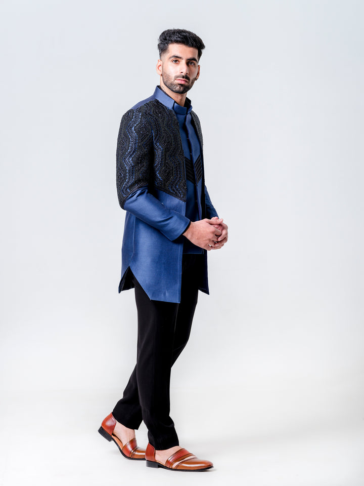 LONG OPEN JACKET ATTACHED NEHRU JACKET PAIRED WITH KURTA AND TROUSERS