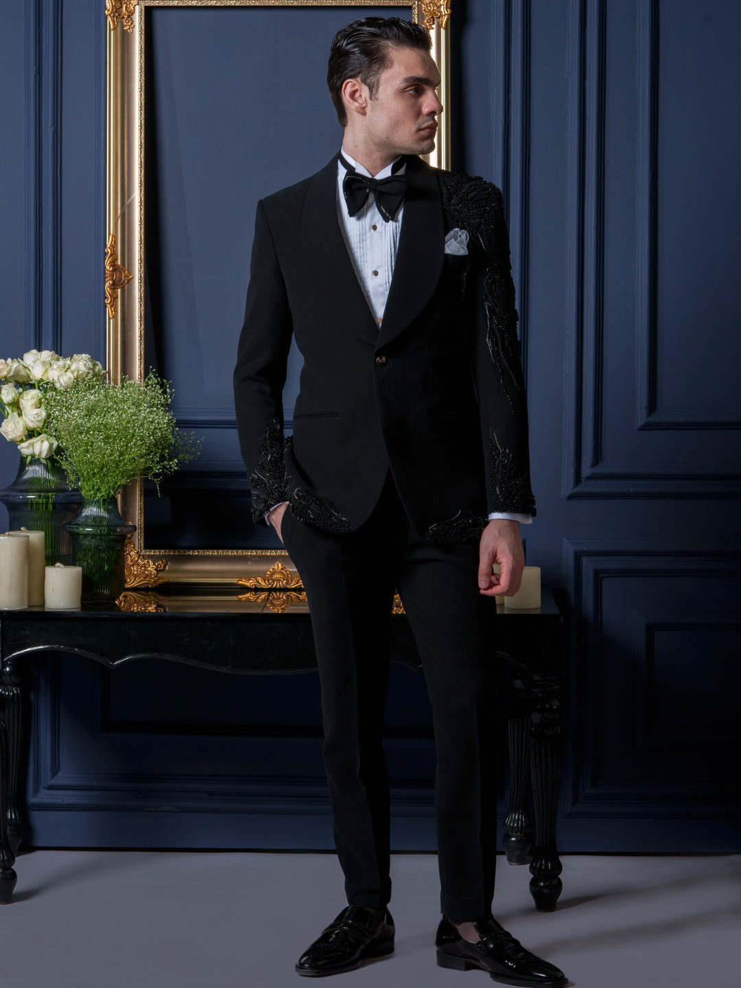 Black Japanese 3D Embroidery Tuxedo Set