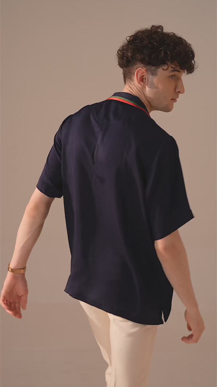BLUE EMBROIDED BOX FIT SHIRT