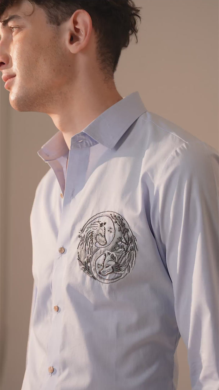BLUE HAND PAINTED AND EMBROIDED SHIRT