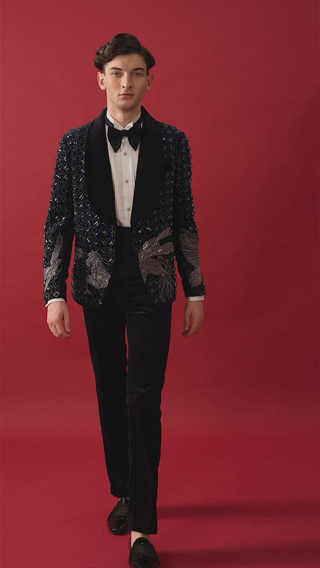 NAVY BLUE EMBROIDERED TUXEDO WITH SHAWL LAPEL