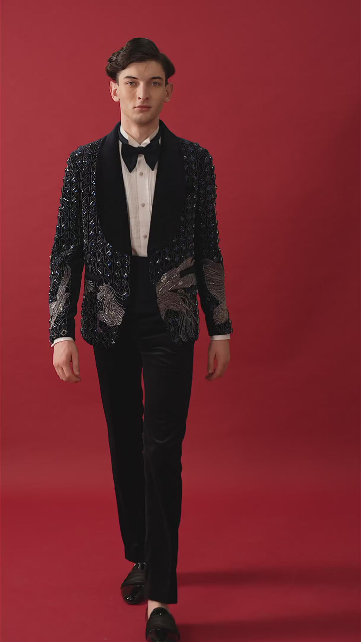 NAVY BLUE EMBROIDERED TUXEDO WITH SHAWL LAPEL