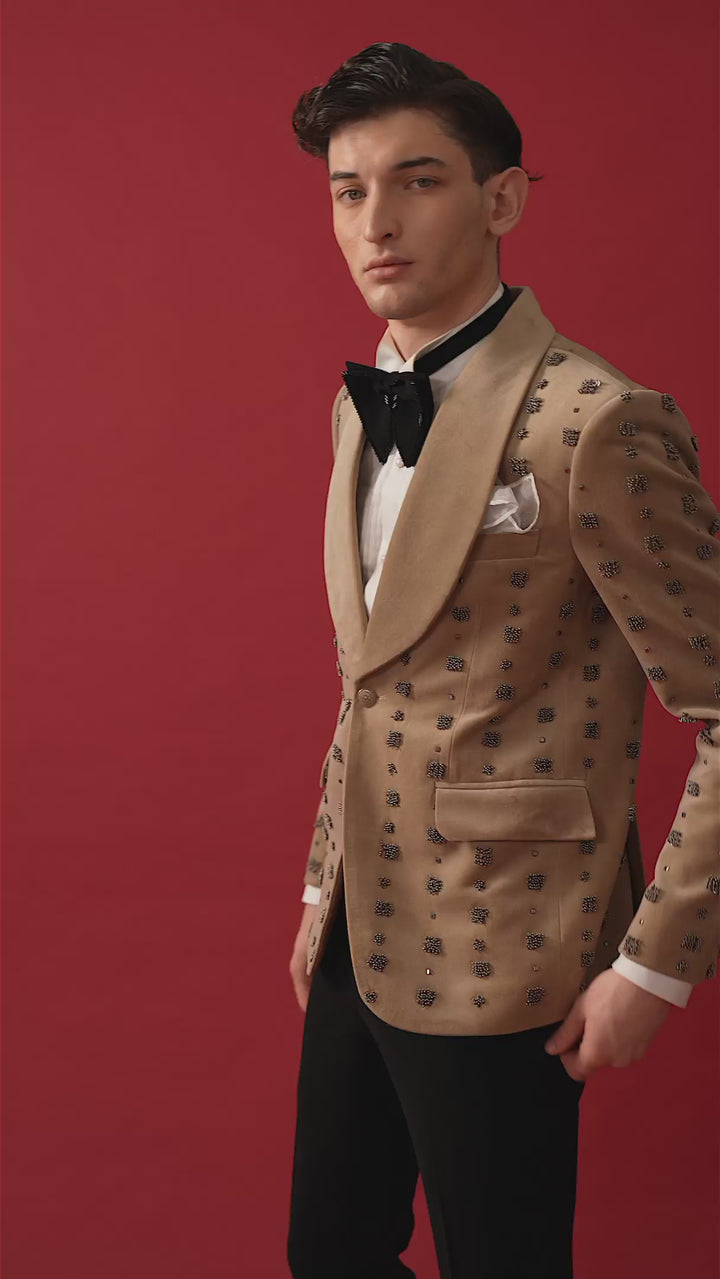BEIGE HAND EMBROIDERD TUXEDO WITH SHAWL LAPEL