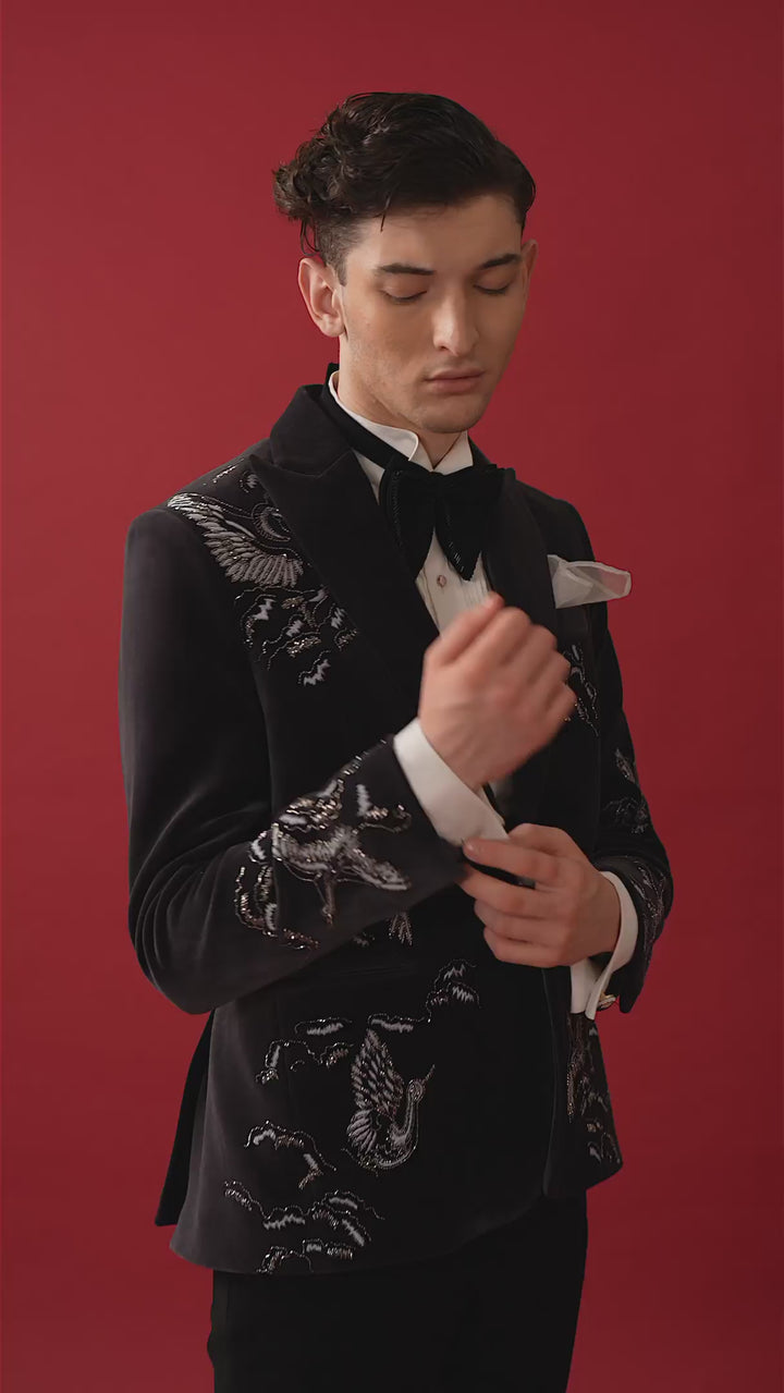DARK BLUE EMBROIDERD TUXEDO WITH SHAWL LAPEL