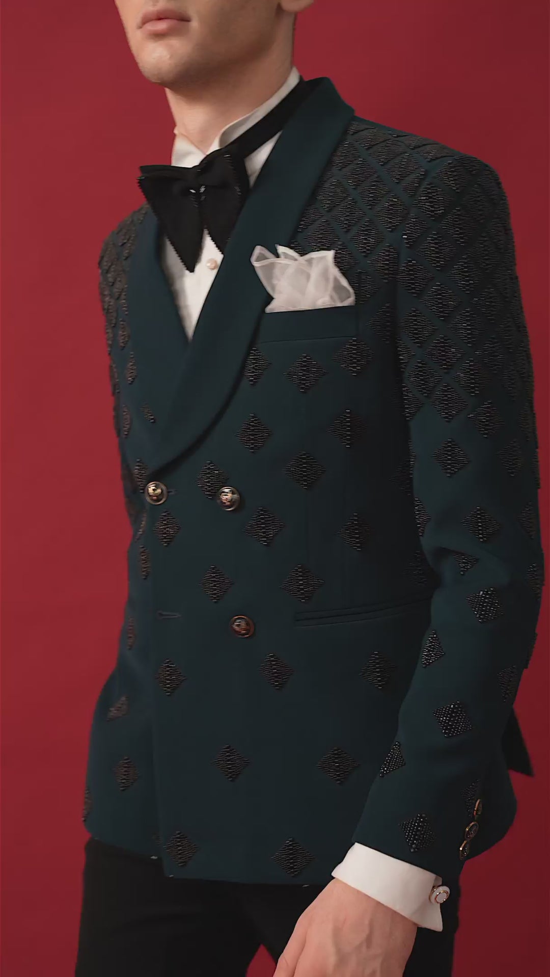 TEAL GREEN EMBROIDERED TUXEDO WITH SHAWL LAPEL