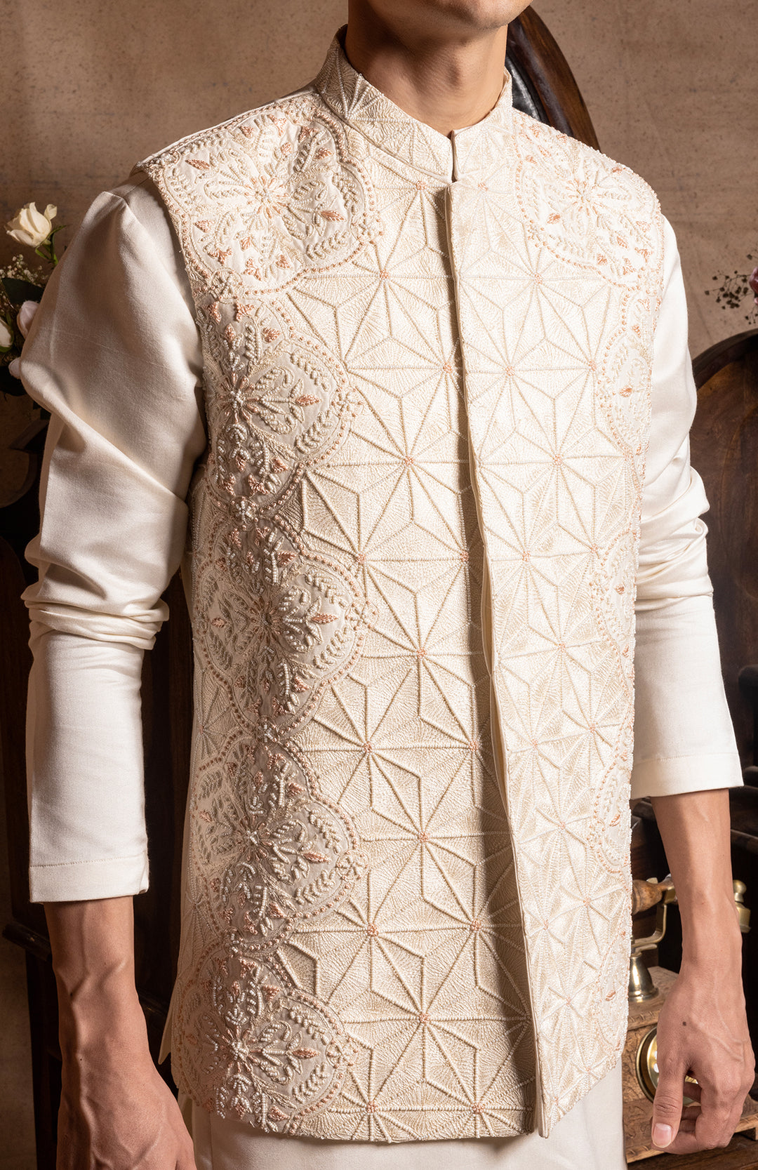 Ivory cotton silk hand embroidered bundi jacket set