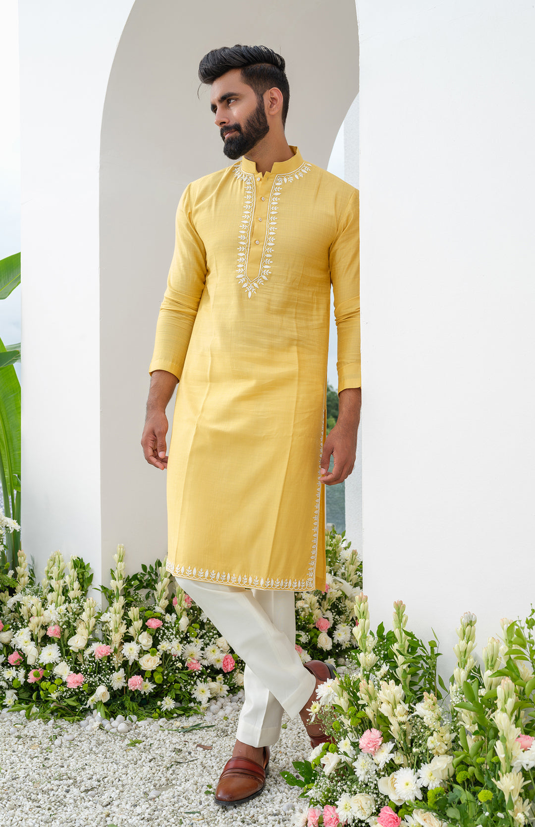 yellow cotton embroidered kurta set
