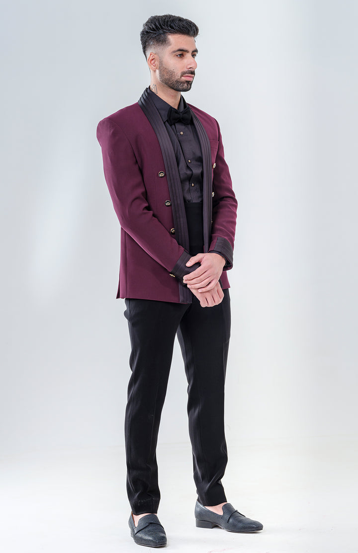 MAHROON TUXEDO WITH OPEN PLEATED LAPEL