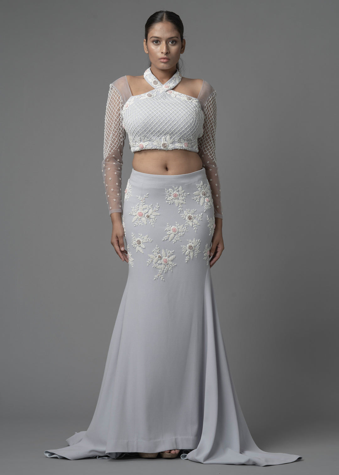 HALTER NECK WITH SLEEVES CROP TOP AND SKIRT