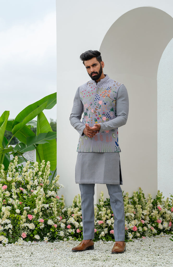 grey hand painted bundi jacket set