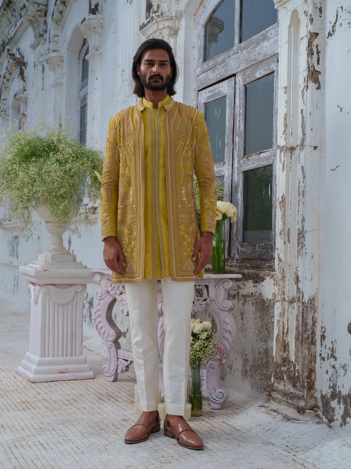 Lime Green Hand Embroidered Open Jacket Set