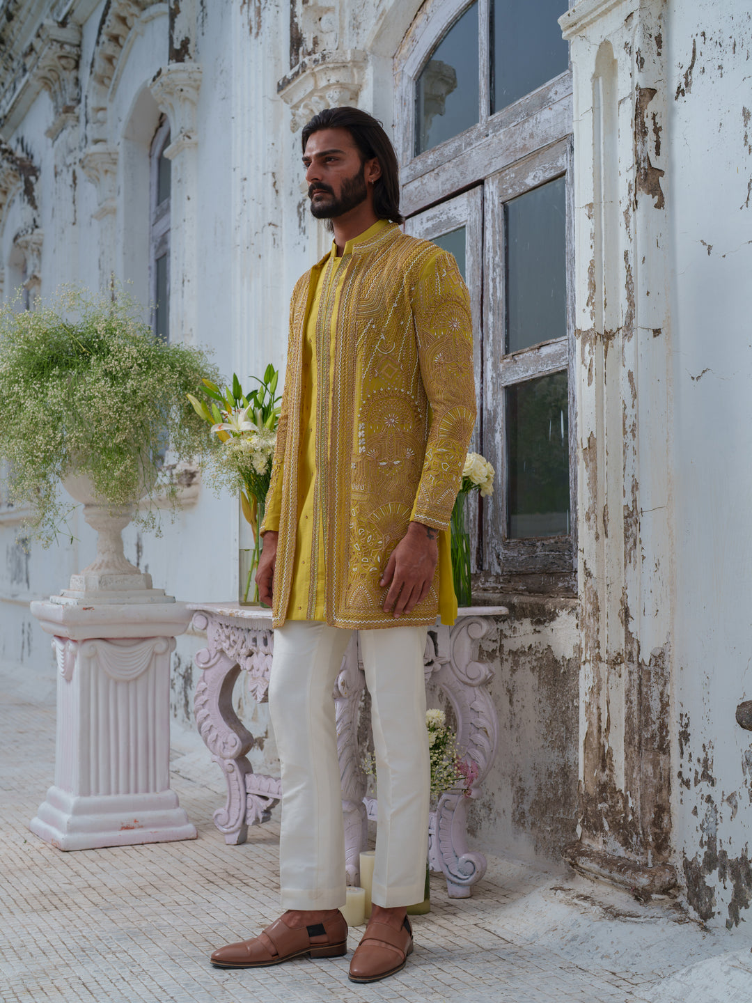 Lime Green Hand Embroidered Open Jacket Set