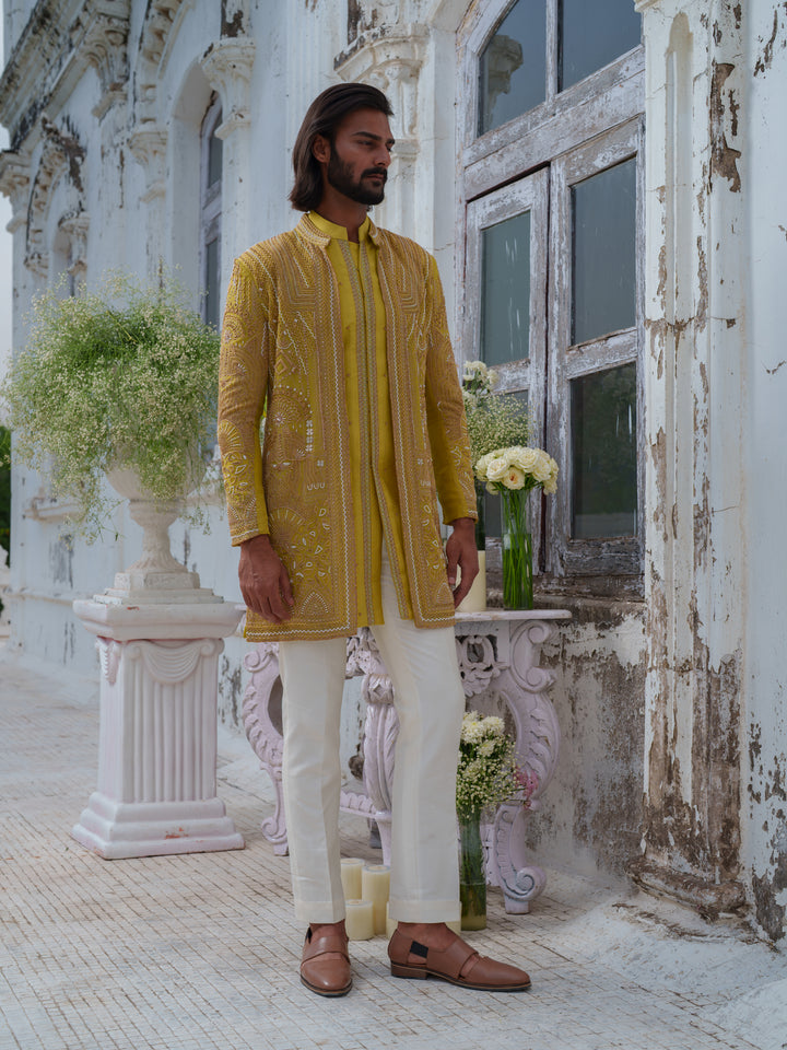 Lime Green Hand Embroidered Open Jacket Set