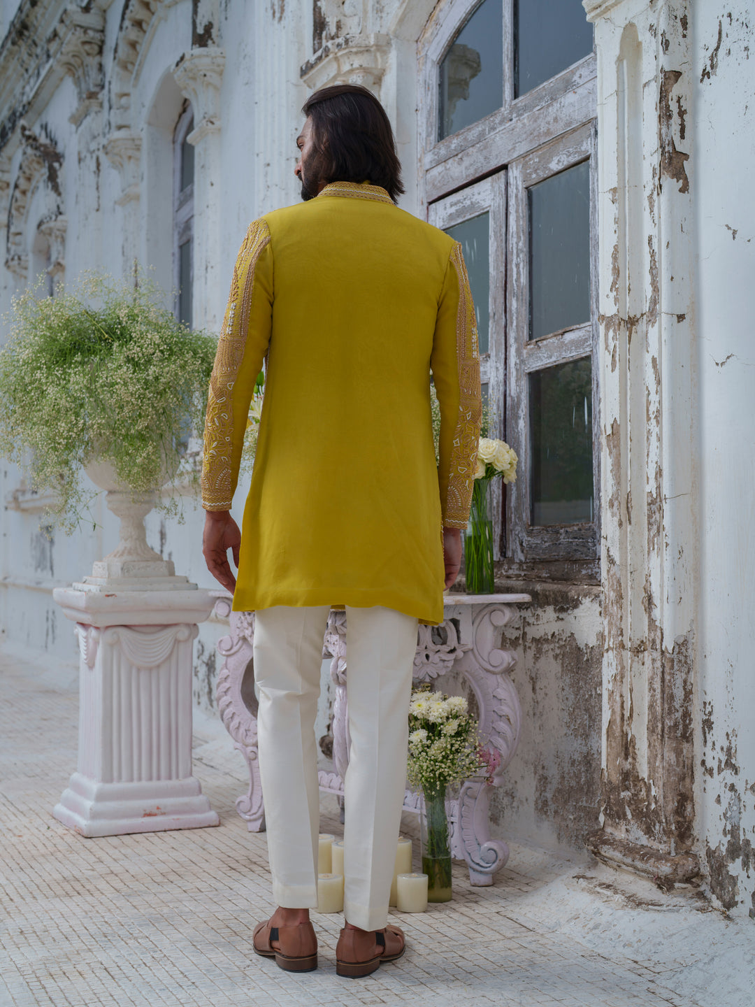 Lime Green Hand Embroidered Open Jacket Set